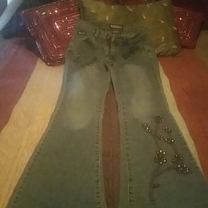 Retro denim jeans, with burgundy embroidery/ beads